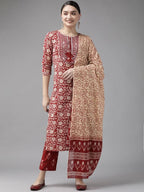 Yufta Maroon & Beige Ethnic Motifs Screen Print Cotton Straight Kurta Palazzo & Dupatta | Grocsy