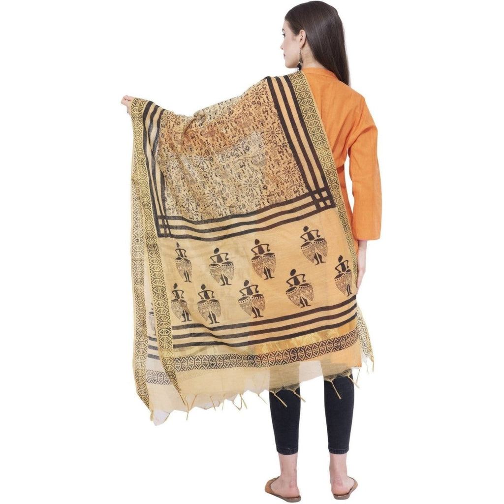 A R Silk Women's Block Print Chanderi Cotton Dark Golden Dupattas and Chunnis | Grocsy
