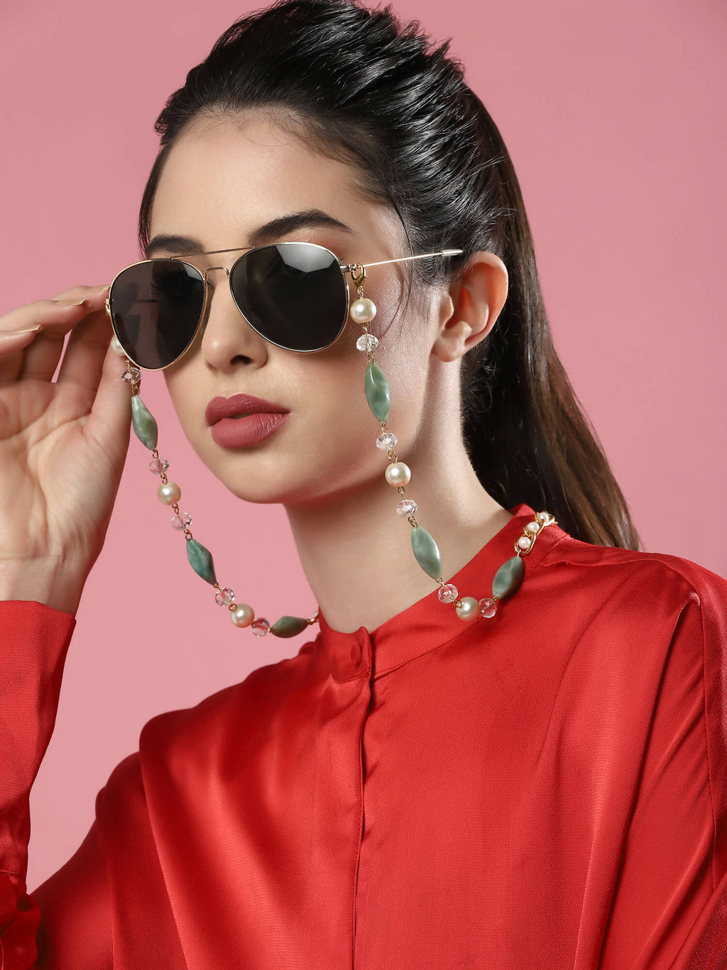 Gold-Toned Green Beaded Mask Chain - Ruby Raang | Grocsy