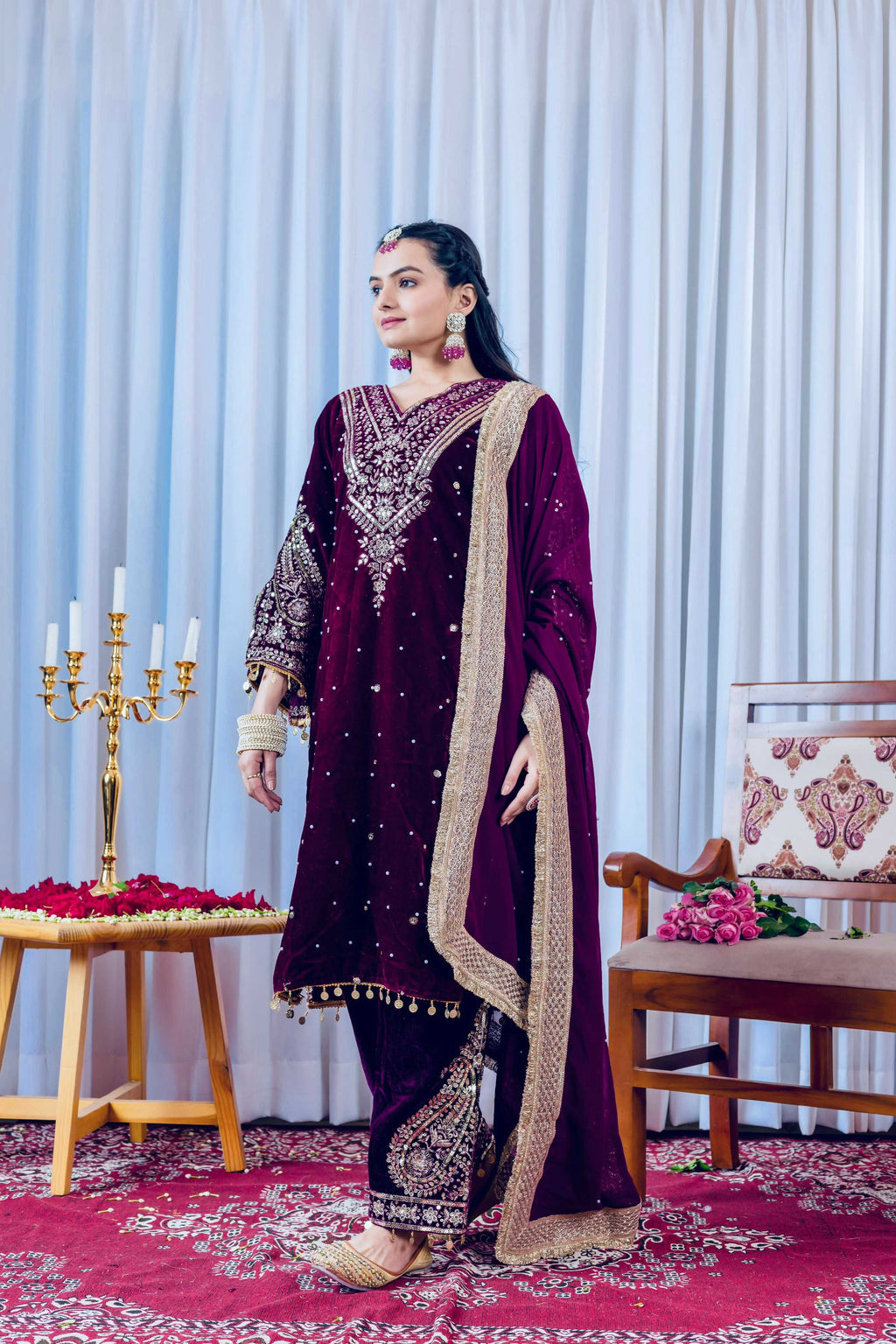 Joban Fashion deep Plum Velvet Embroidery Kurta Set | Grocsy