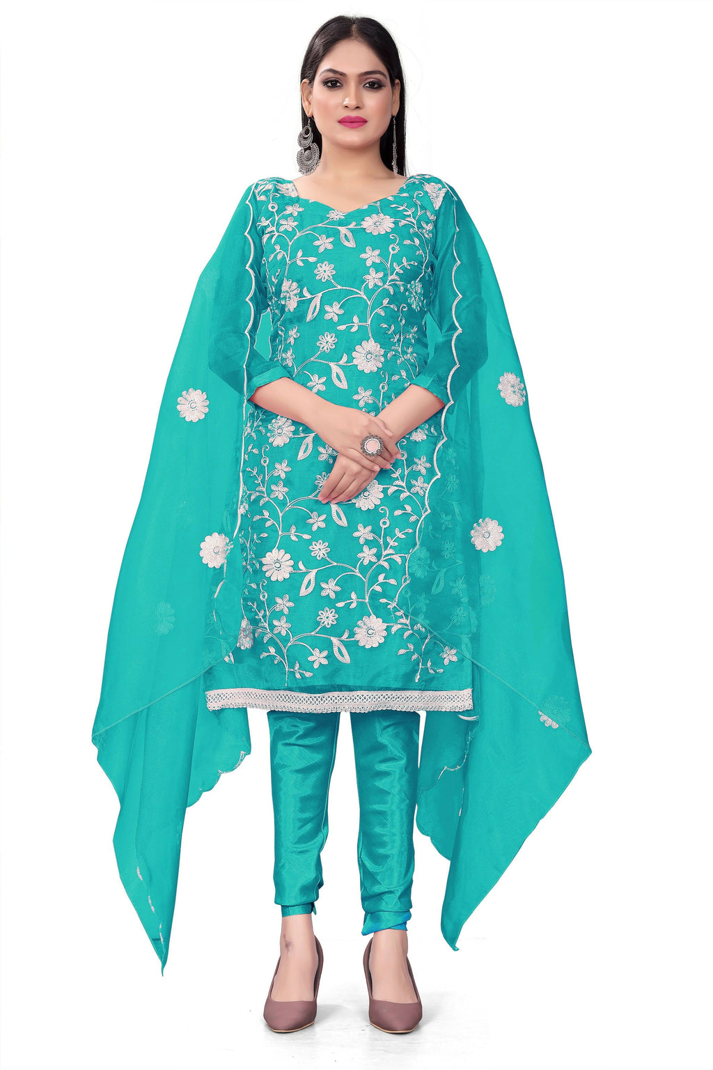 Sea Green Organza Silk Embroidered Work Unstitched Dress Material - Tanvi | Grocsy