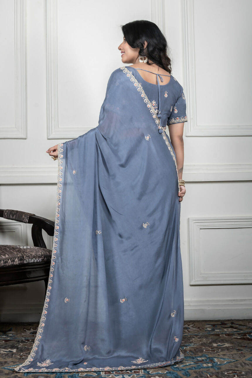 Morchari Grey Chiffon Hand Embroidery Saree And Stitched Blouse | Grocsy