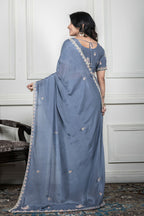 Morchari Grey Chiffon Hand Embroidery Saree And Stitched Blouse | Grocsy