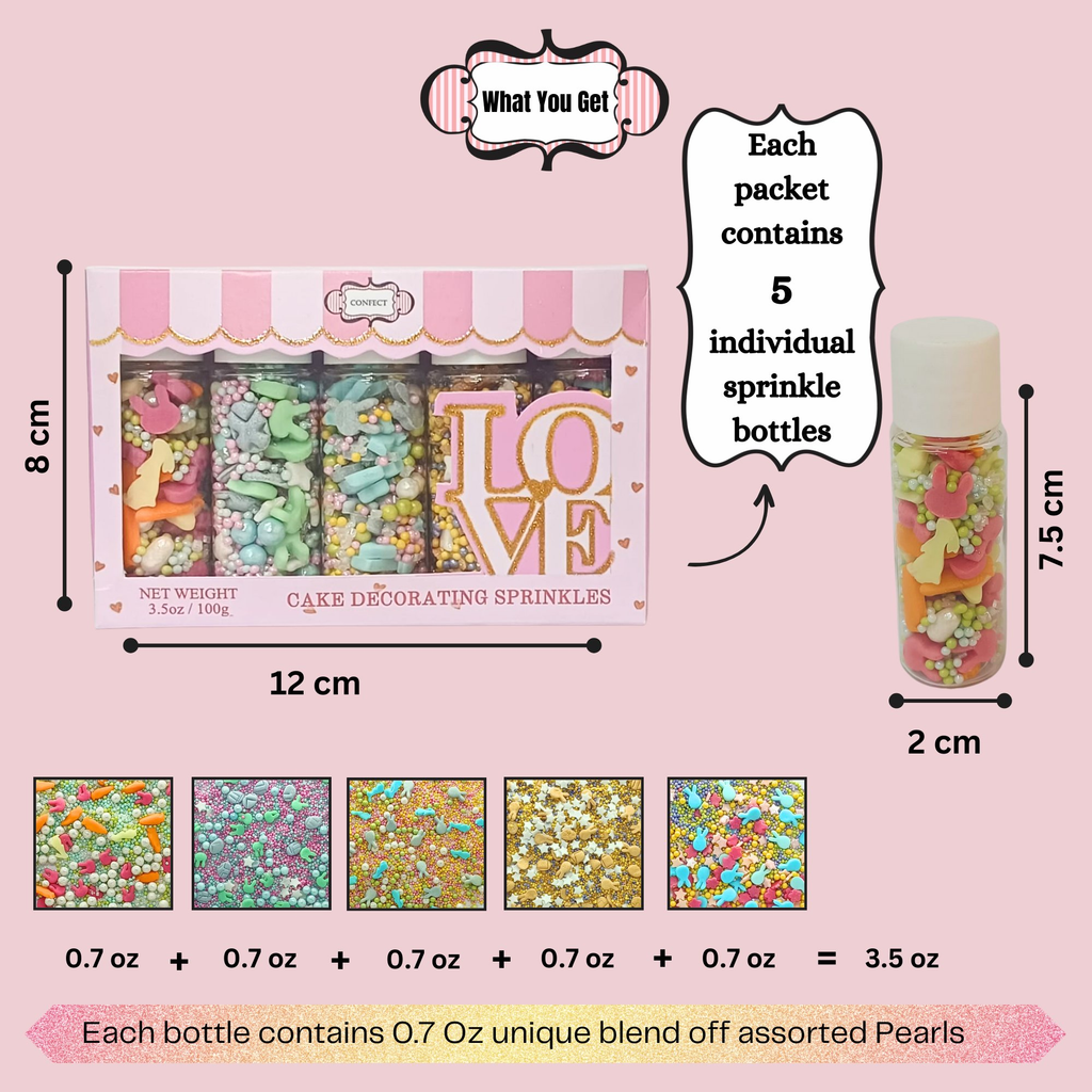 Confect Easter Sprinkles Edible | Mix Parrot Green, Yellow, Pink, White and Silver Pearls & Stars Pack of 5 (EAST 7) - 100Gms | Grocsy