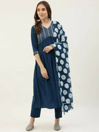 FIORRA Women's Turquise Poly Crepe Straight Kurta Pant With Dupatta | Grocsy