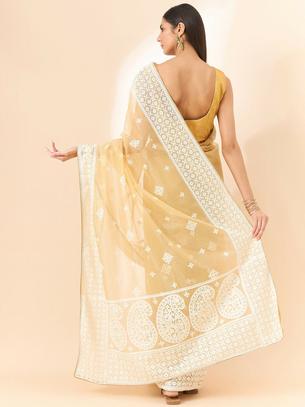 Beige Organza Geometric Embroidered Saree with Unstitched Blouse Piece - Roozal | Grocsy