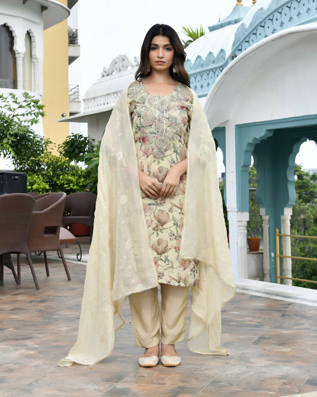 Vaasva Women's Cream Tissue Embroidered Suit Set With Solid Pant And Embroidered Dupatta | Grocsy