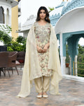 Vaasva Women's Cream Tissue Embroidered Suit Set With Solid Pant And Embroidered Dupatta | Grocsy