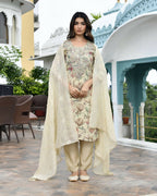 Vaasva Women's Cream Tissue Embroidered Suit Set With Solid Pant And Embroidered Dupatta | Grocsy