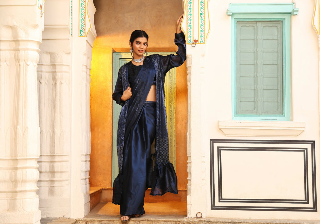 Navy Blue Tom Silk Plain Ready To Wear Saree With Stitched Blouse - Satiksha | Grocsy