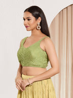 Joban Fashion Mehendi Green Tissue Padded Blouse With Sweetheart Neck Sleeveless | Grocsy