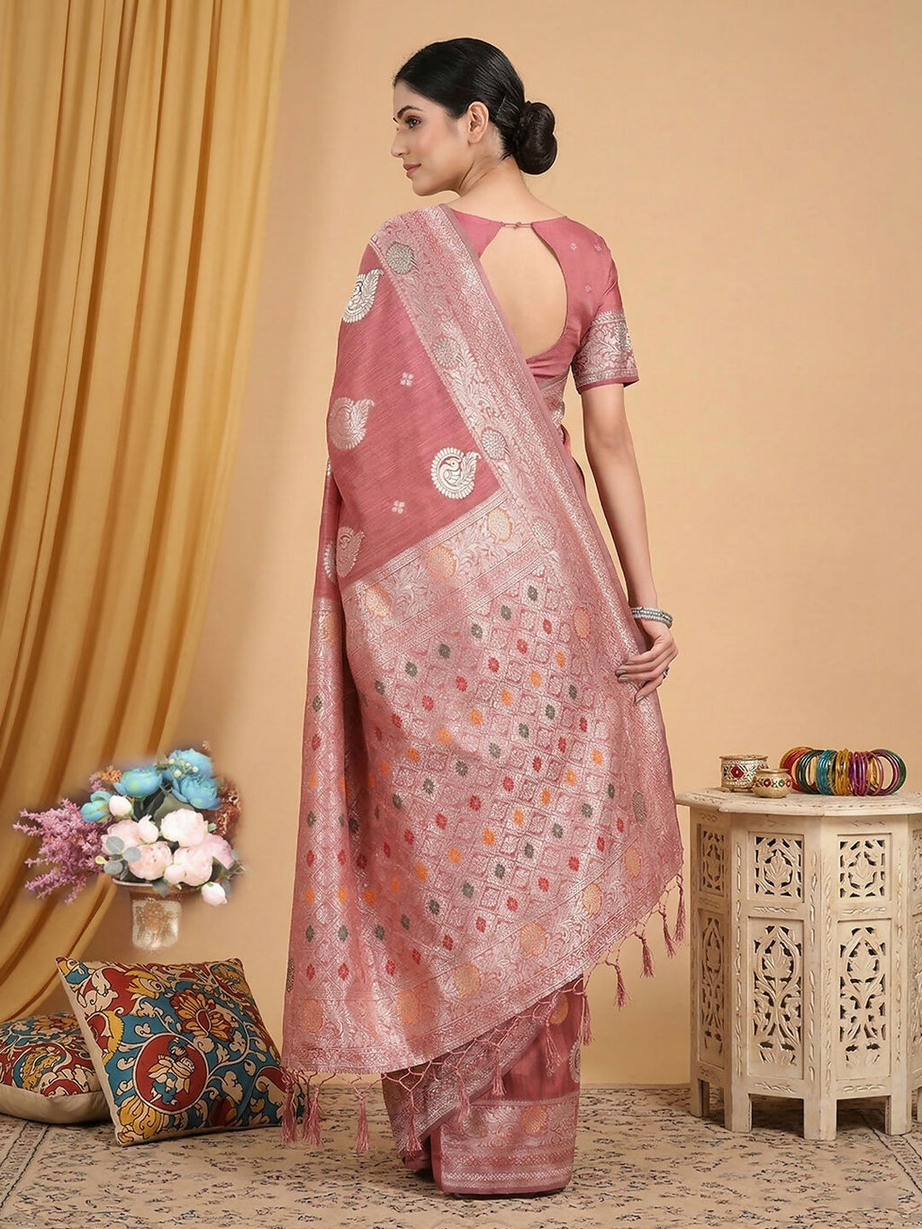 Shree Shyam Fashion Pink Linen Cotton Saree | Grocsy