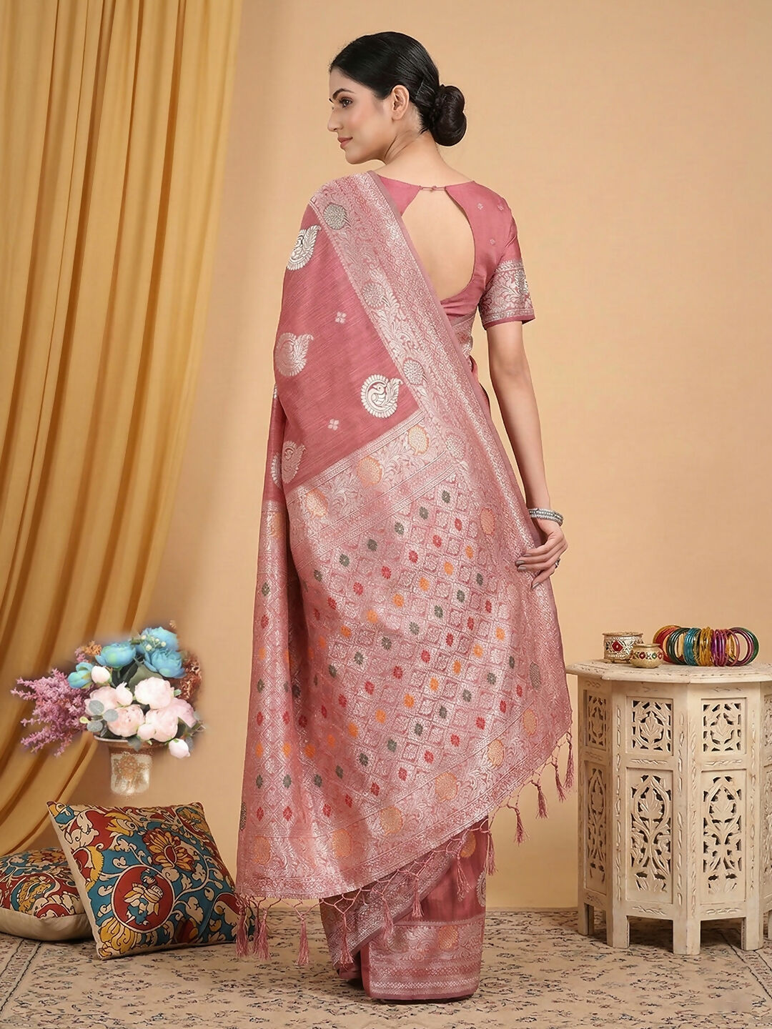 Shree Shyam Fashion Pink Linen Cotton Saree | Grocsy