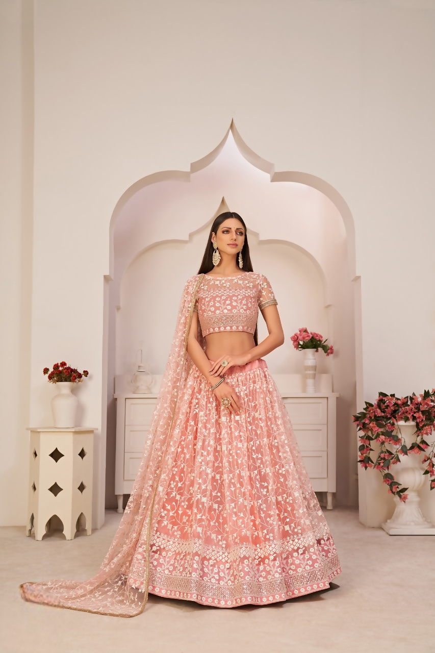 Eilara Women'S Light Pink Butterfly Net Embroidered Thread Work Party Wear Lehenga Choli | Grocsy