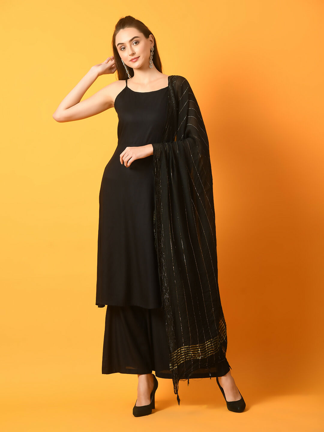 Myshka Women's Black Solid Anarkali Party Kurta Set With Dupatta | Grocsy