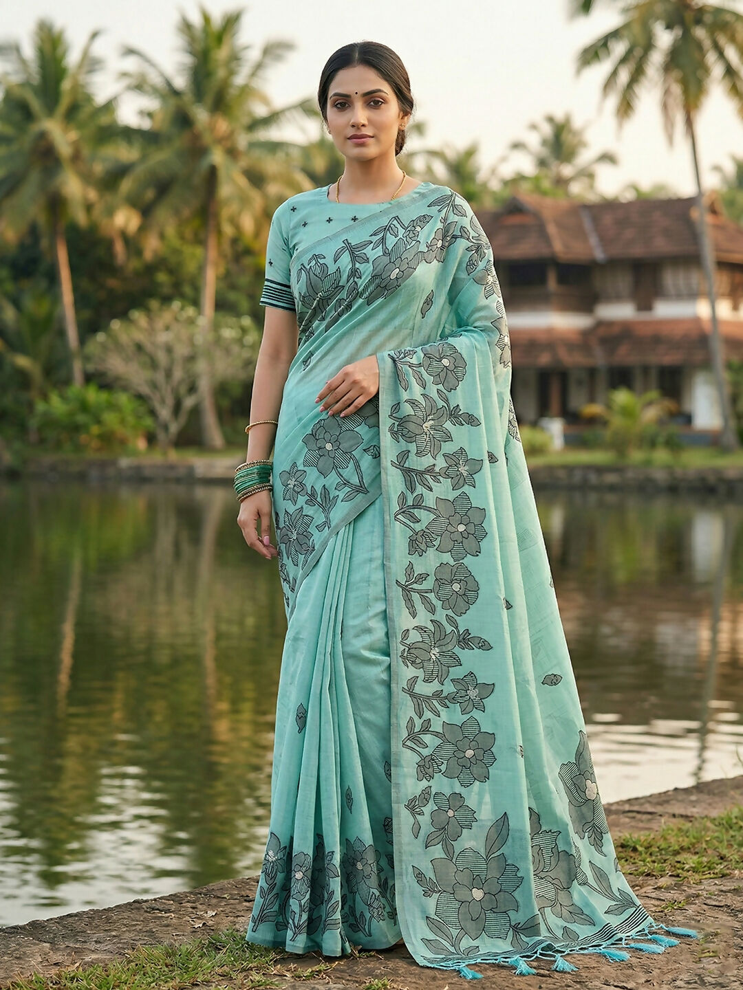 Shree Shyam Fashion Sea Green Linen Cotton Saree | Grocsy