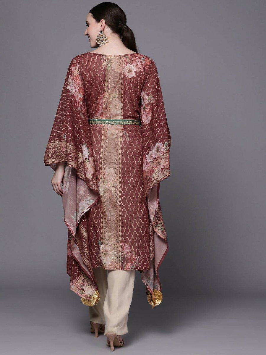 Ahalyaa Women Maroon Floral Printed Flared Sleeves Kaftan Kurta | Grocsy