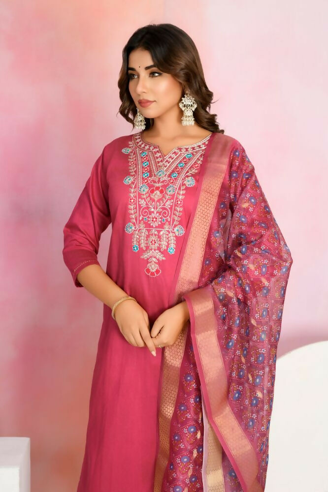 Ethnic Festive Wear Chanderi Red Stitched Suit With Dupatta - Tanisha | Grocsy