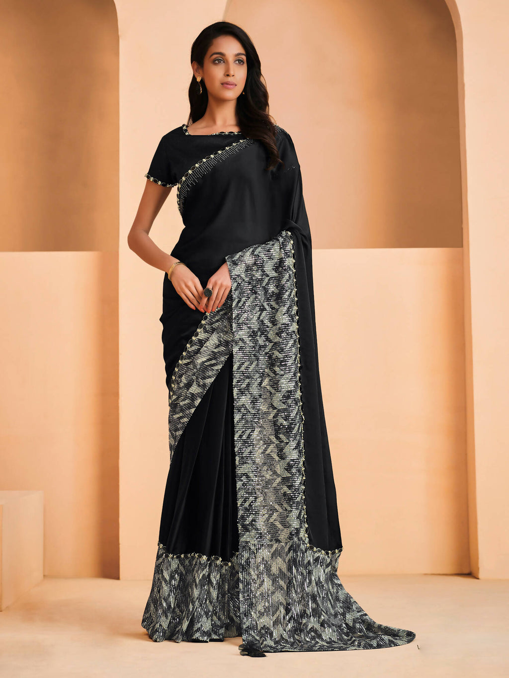 Black Satin Crepe Silk Sequence Embroidered Saree With Unstitched Blouse - Mohmanthan Yavanika | Grocsy