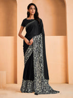 Black Satin Crepe Silk Sequence Embroidered Saree With Unstitched Blouse - Mohmanthan Yavanika | Grocsy