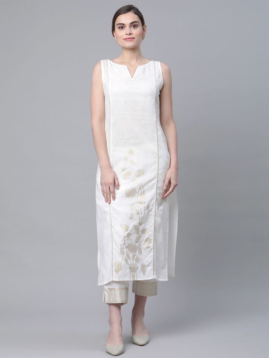 Ahalyaa Women Off White Pure Cotton Printed Kurta with Trousers | Grocsy