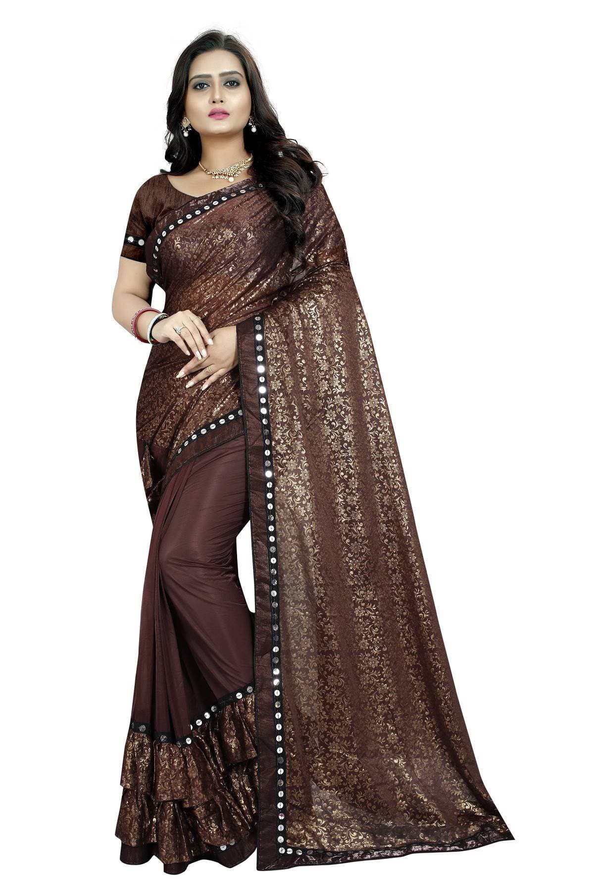 Vamika Brown Lycra Designer Beautiful Saree | Grocsy