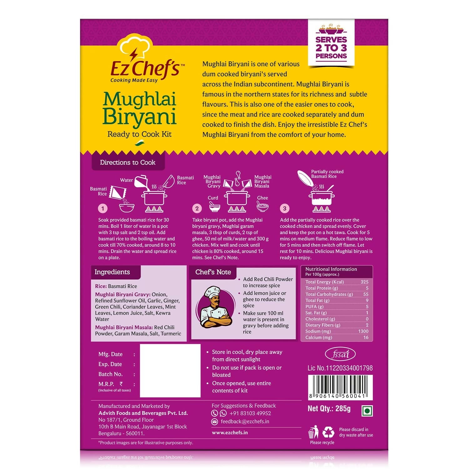 Ez Chef's Mughlai Biryani Kit - Lucknow's Famous Biryani | Grocsy