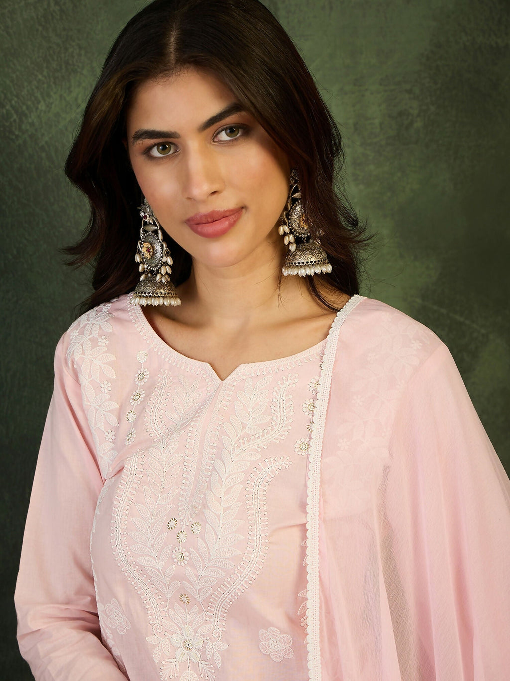 The52 Baby pink Women's Gorgeous Cotton Blend Fabric Thread Work Straight Kurta, Pant and Dupatta Set | Grocsy