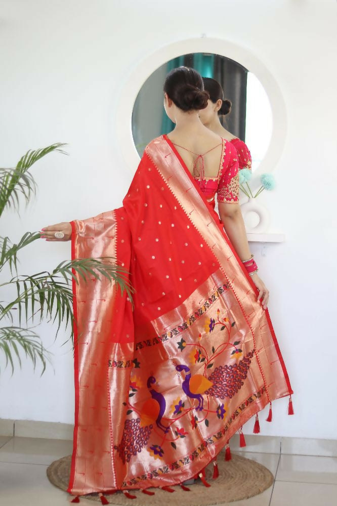 Red Woven Jacquard Designer Embroidery Work Party Wear Saree - Parampara | Grocsy