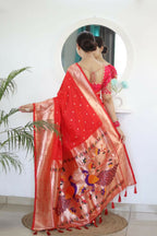 Red Woven Jacquard Designer Embroidery Work Party Wear Saree - Parampara | Grocsy