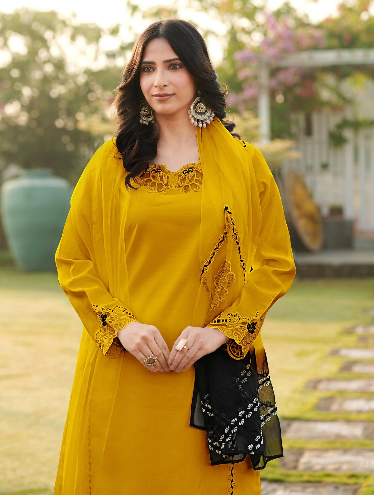 Nikhaar Yellow Embroidered Art Silk Stitched Straight Cut Kurta Palazzo Dupatta Readymade Suit | Grocsy