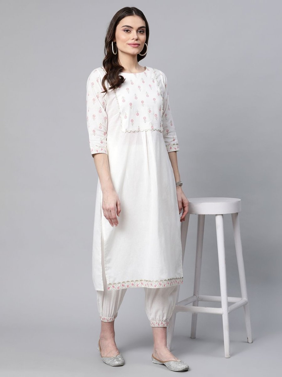 Ahalyaa Women Offwhite Pure Cotton Printed Floral Kurta With Trousers | Grocsy