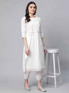 Ahalyaa Women Offwhite Pure Cotton Printed Floral Kurta With Trousers | Grocsy