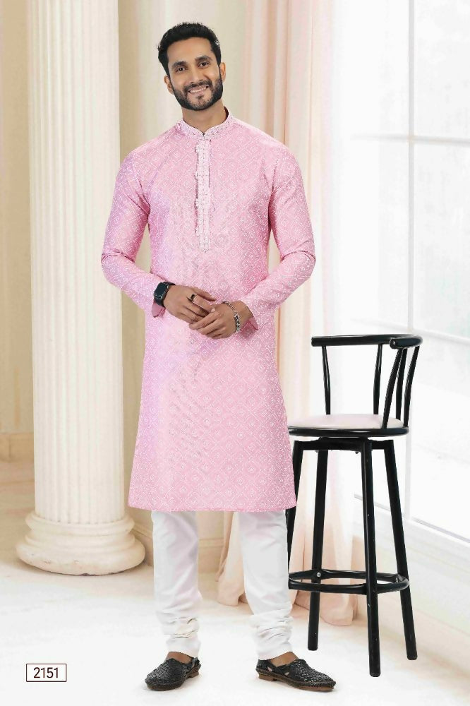 Raivat Ethnic Cotton Thread Work Kurta Pajama In Baby Pink Colour | Grocsy