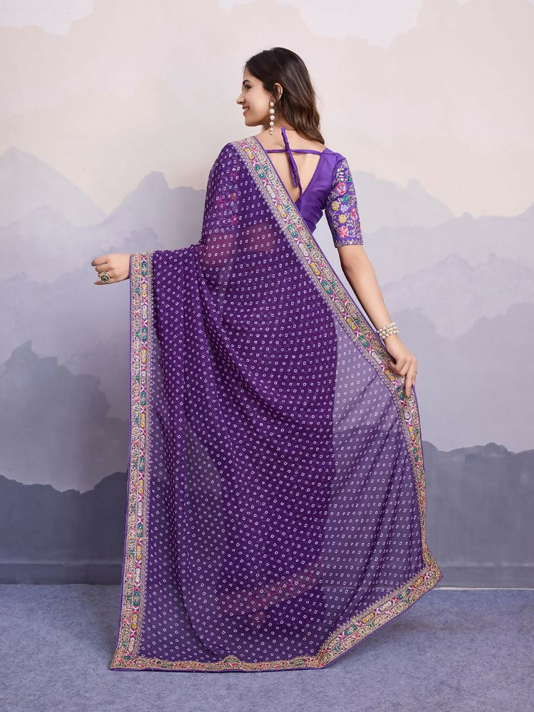 Purple Georgette Bandhani Printed,Embroidery Work Saree - Surkhi | Grocsy