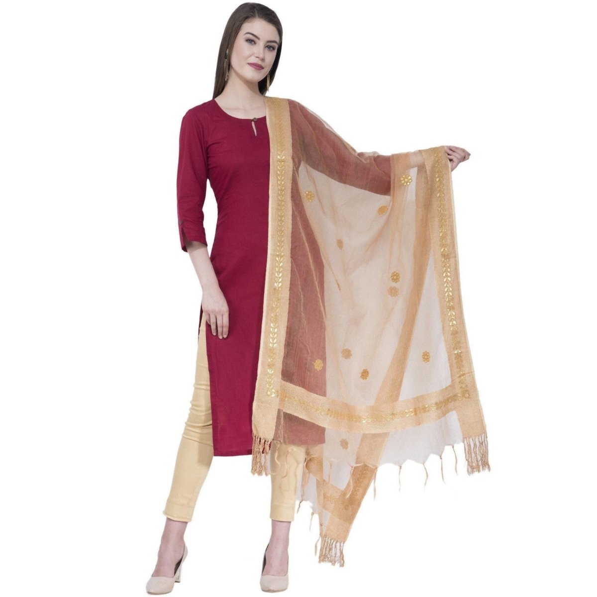 A R Silk Women's Gotta Patti Embroidery Orgenza Cotton Golden Dupattas and Chunnis | Grocsy