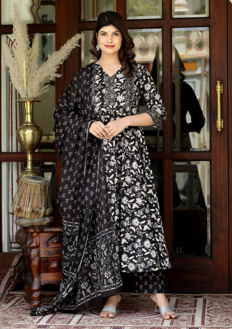 Miravan Women's Black Cotton Embroidered Attractive Anarkali Kurta And Palazzo With Dupatta Set | Grocsy