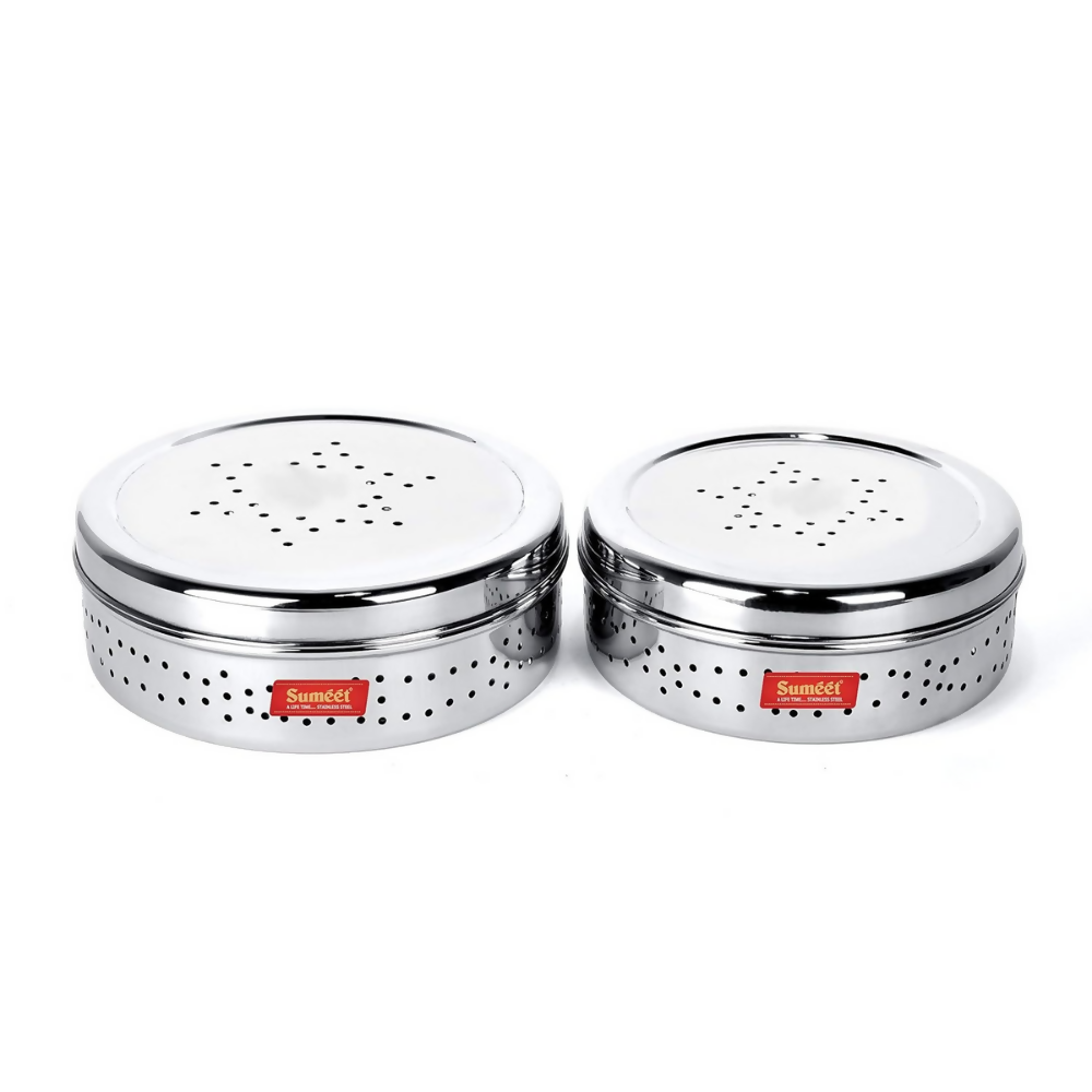 Sumeet Stainless Steel Hole Puri Dabbas/Sprout Maker/Flat Canisters With Air Ventilation | Grocsy