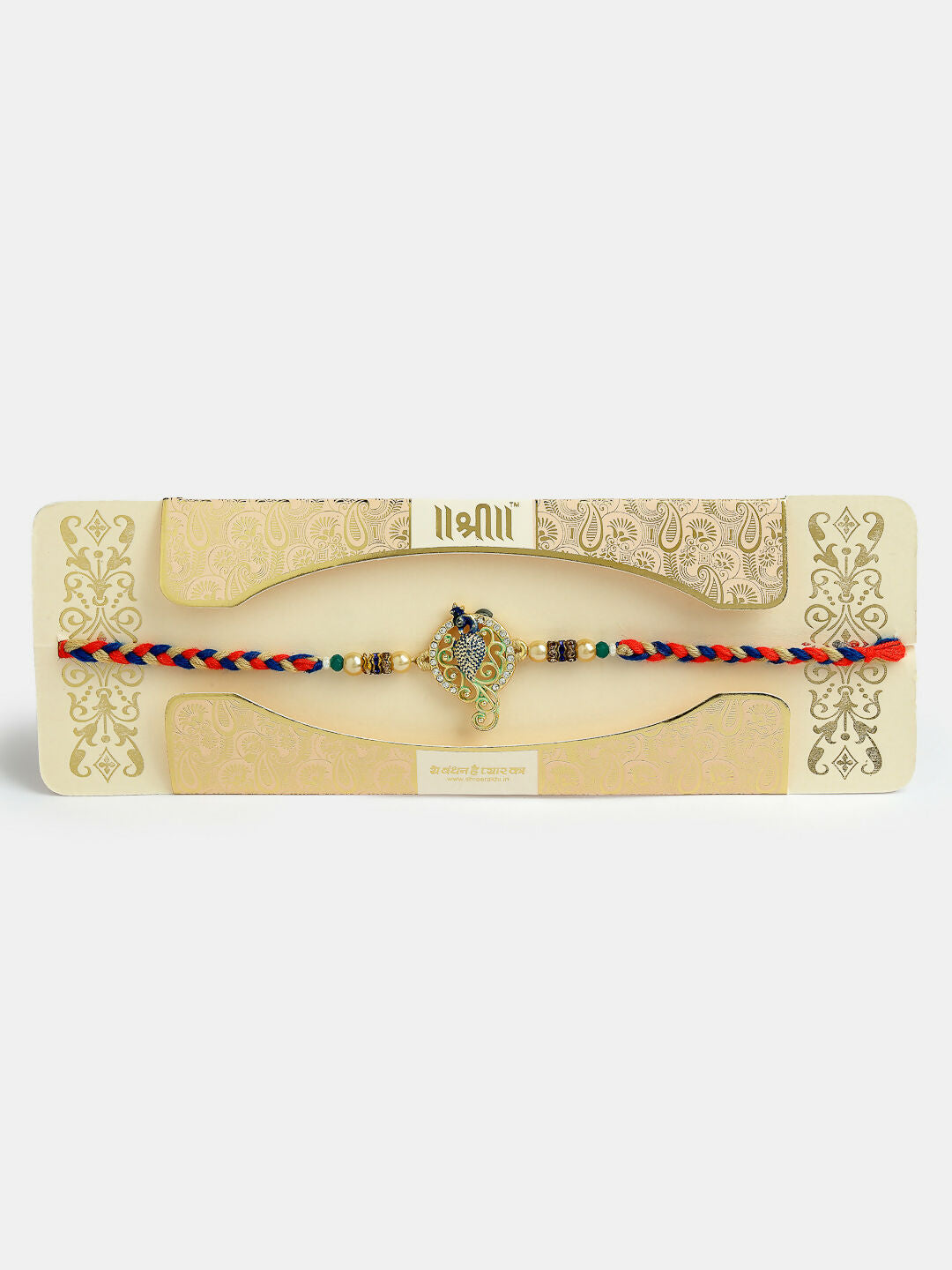 NVR Men Gold-Toned Peacock Design Stone-Studdded Rakhi With Roli Chawal | Grocsy