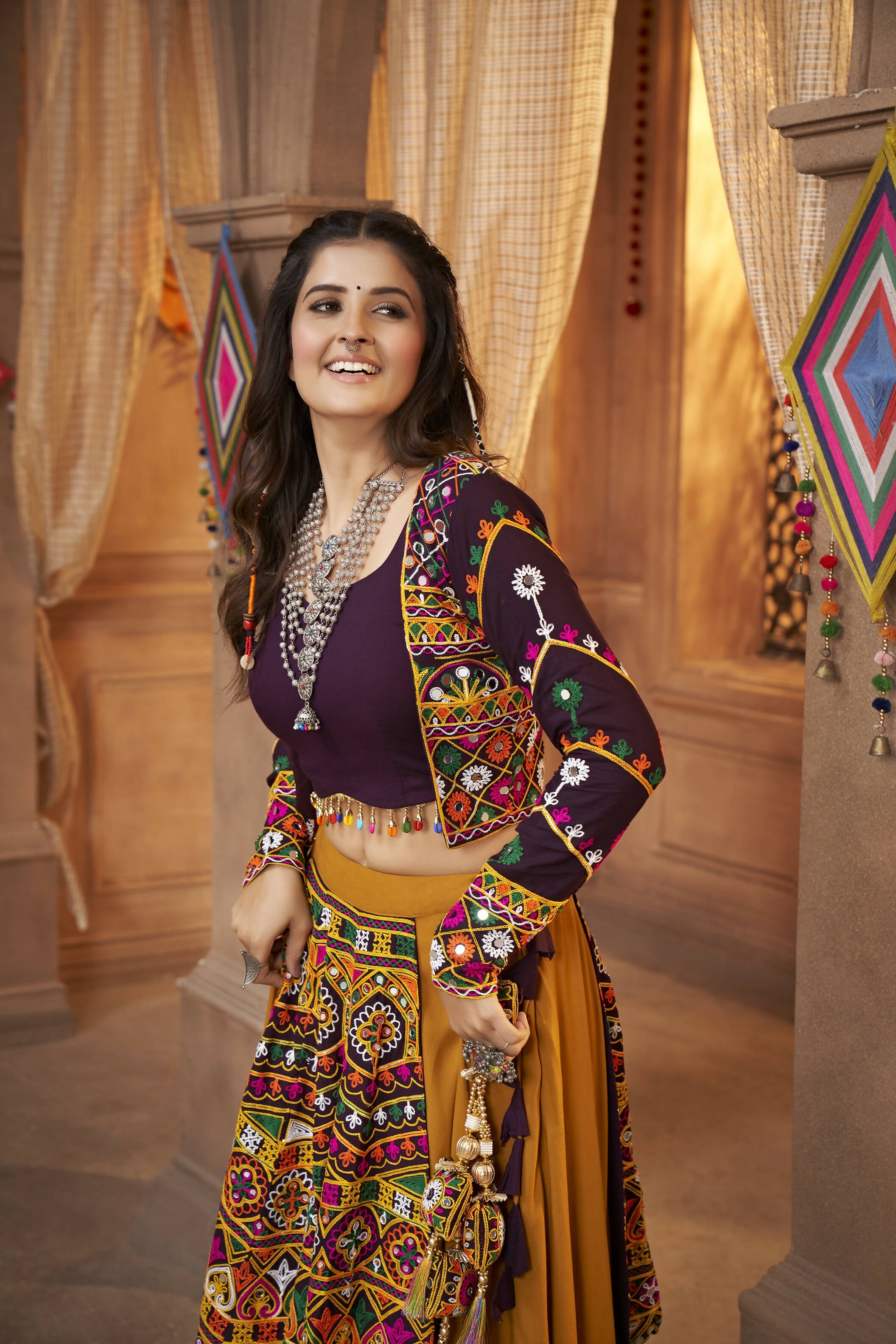 Mustared Yellow Viscose Rayon Thread Embroidered Work With Mirror All Over Navratri Lehenga Choli With Dupatta - Raas | Grocsy