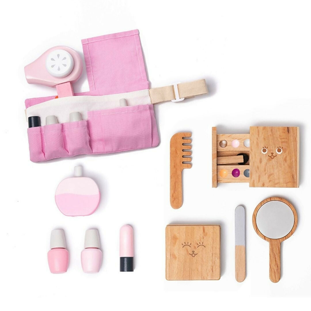 Nesta Toys Wooden Makeup Toy, Girls Salon Playset, Beauty Salon Play Set with Vanity and Accessories (12 Pcs) | Grocsy