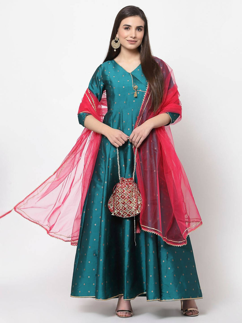 Myshka Green Silk Solid 3/4 Sleeve V Neck Casual Anarkali Kurta Dupatta Set | Grocsy