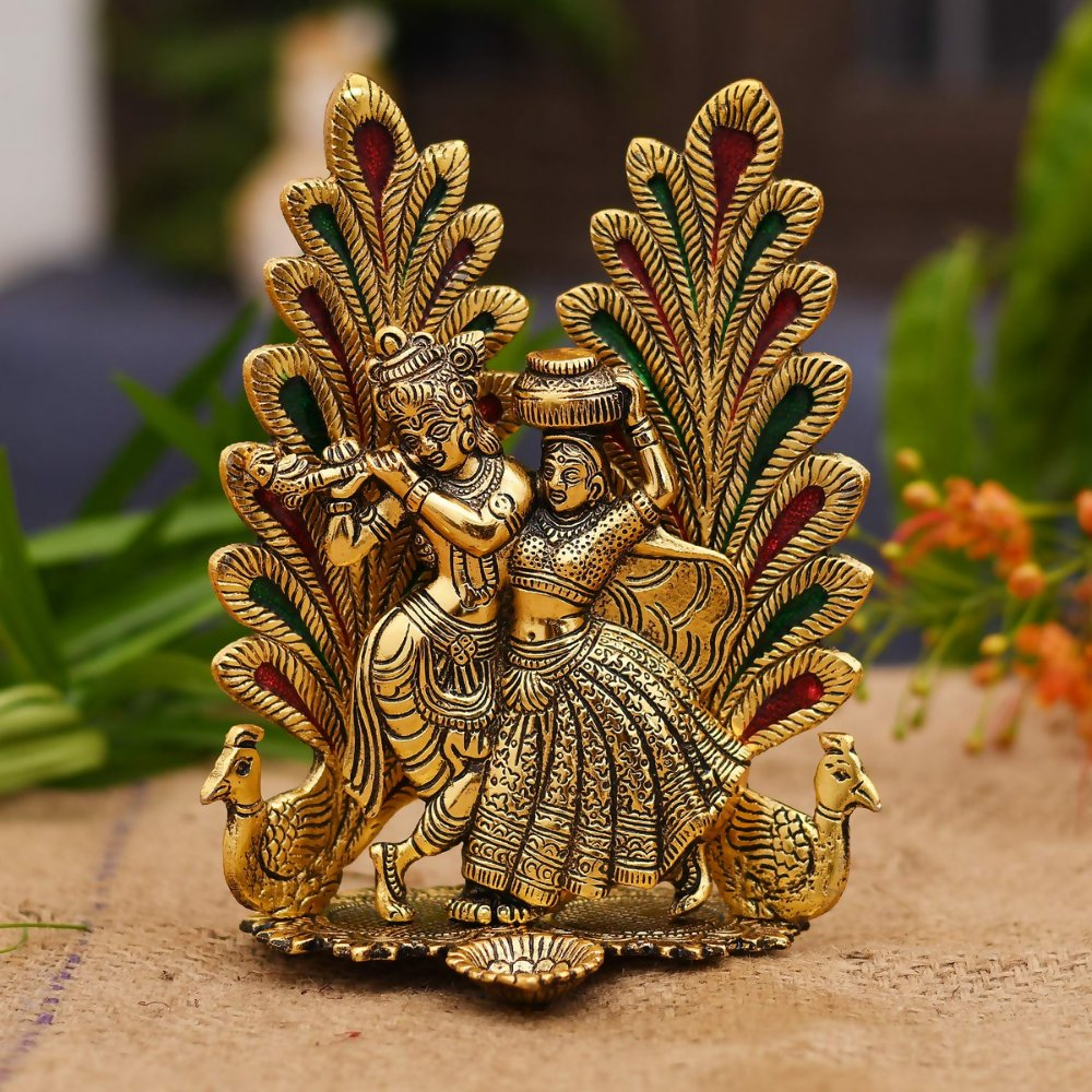 Collectible India Peacock Design Radha Krishna Idol Showpiece with Diya | Grocsy