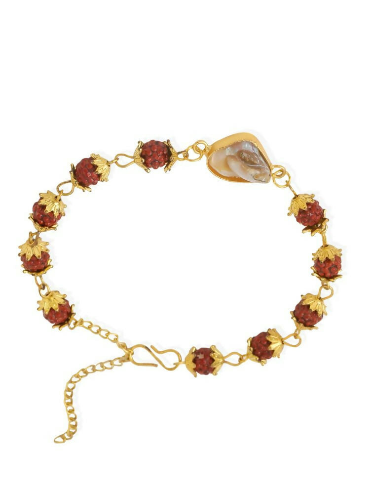 NVR Women's Gold Toned Rudraksh & Pearls Bracelet | Grocsy