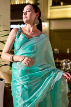 Vastranavya Turquoise Embroidery Work Shimmer Chiffon Saree with Unstitched Blouse | Grocsy
