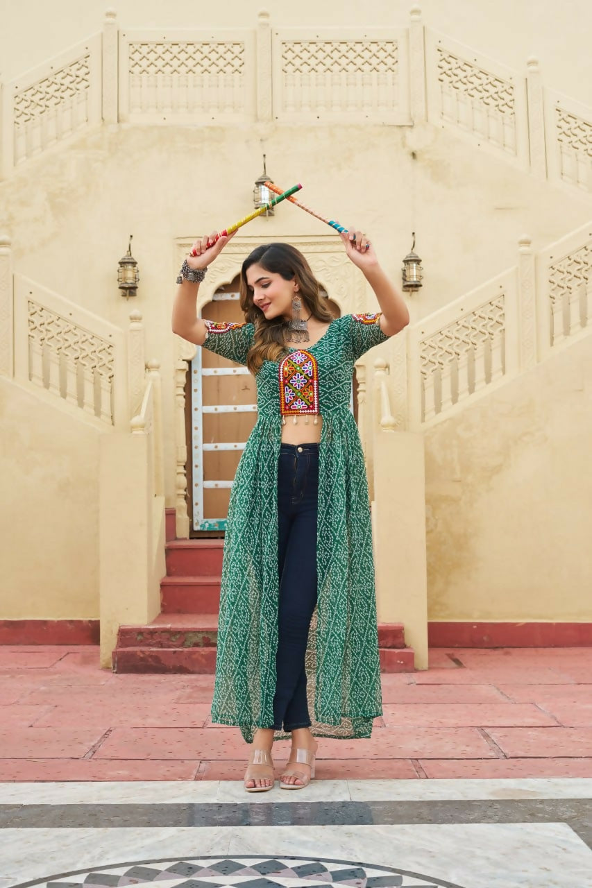 Vastranavya Green Navratri Special Kutchi Patch Work with Bandhani Printed Faux Georgette Kurti | Grocsy