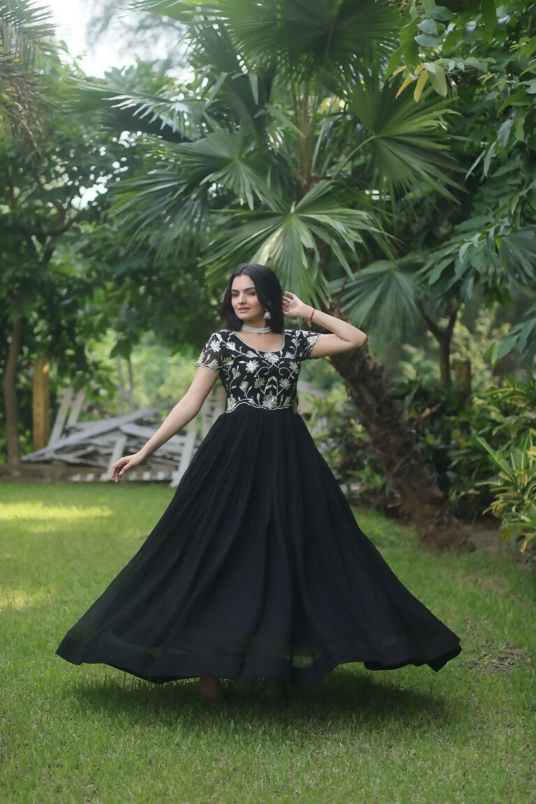 Jyoti Fashion Women's Black Sequins Embroidered Faux Georgette Anarkali Dress | Grocsy