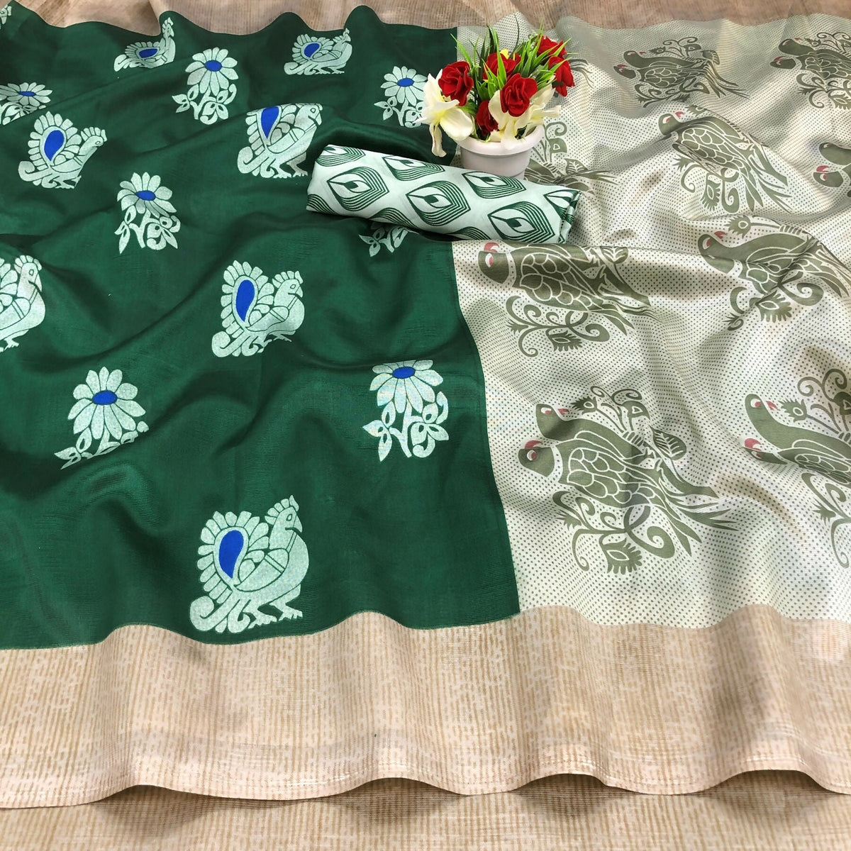 Vamika Green Printed Art Silk Saree | Grocsy