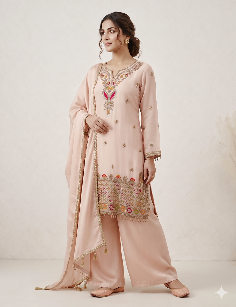 Teeya Creation Designer Baby Pink Festive Palazzo Suit Set with Heavy Embroidery | Grocsy