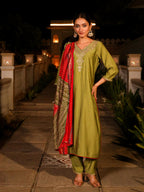 Juniper Women's The Swarn Green Zari Embroidered Viscose Kurta Pant And Dupatta With Mirror Work | Grocsy